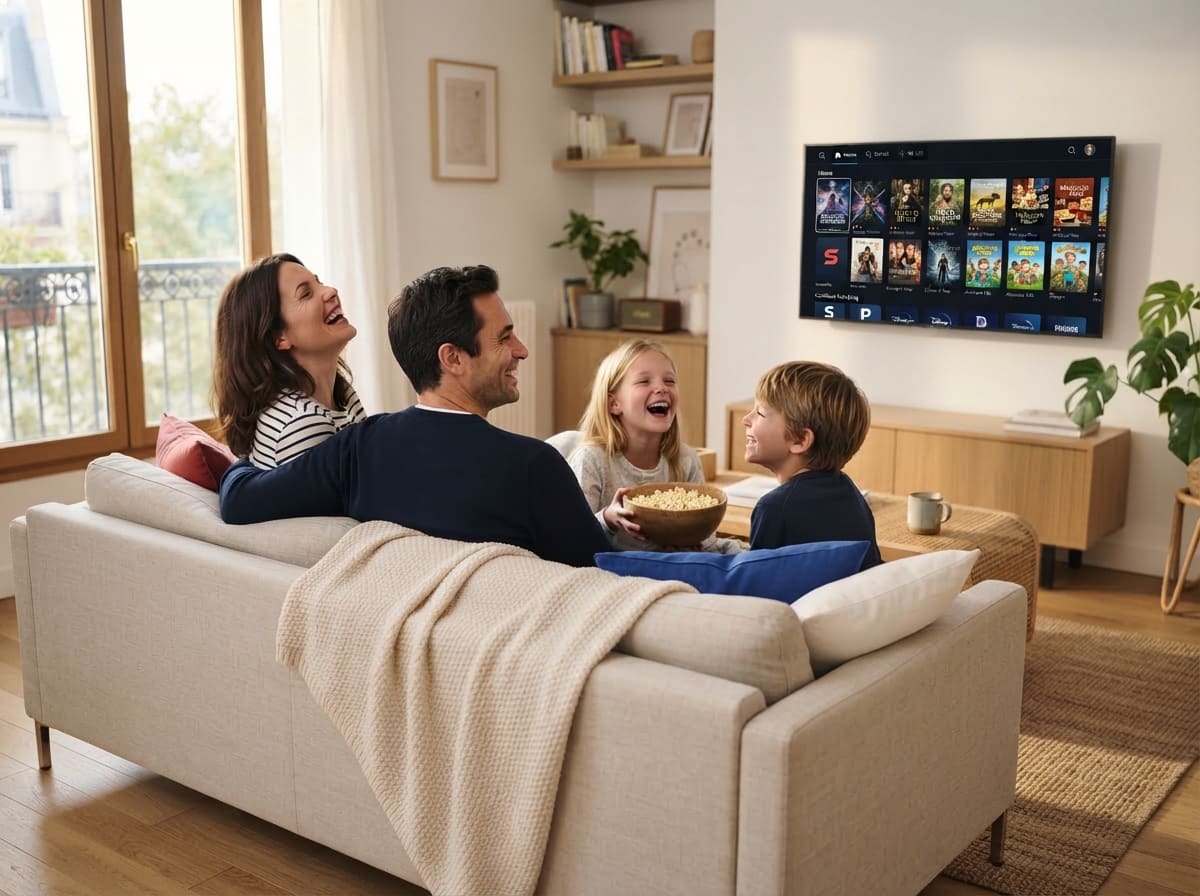 Une famille regarde la télé ensemble dans son salon