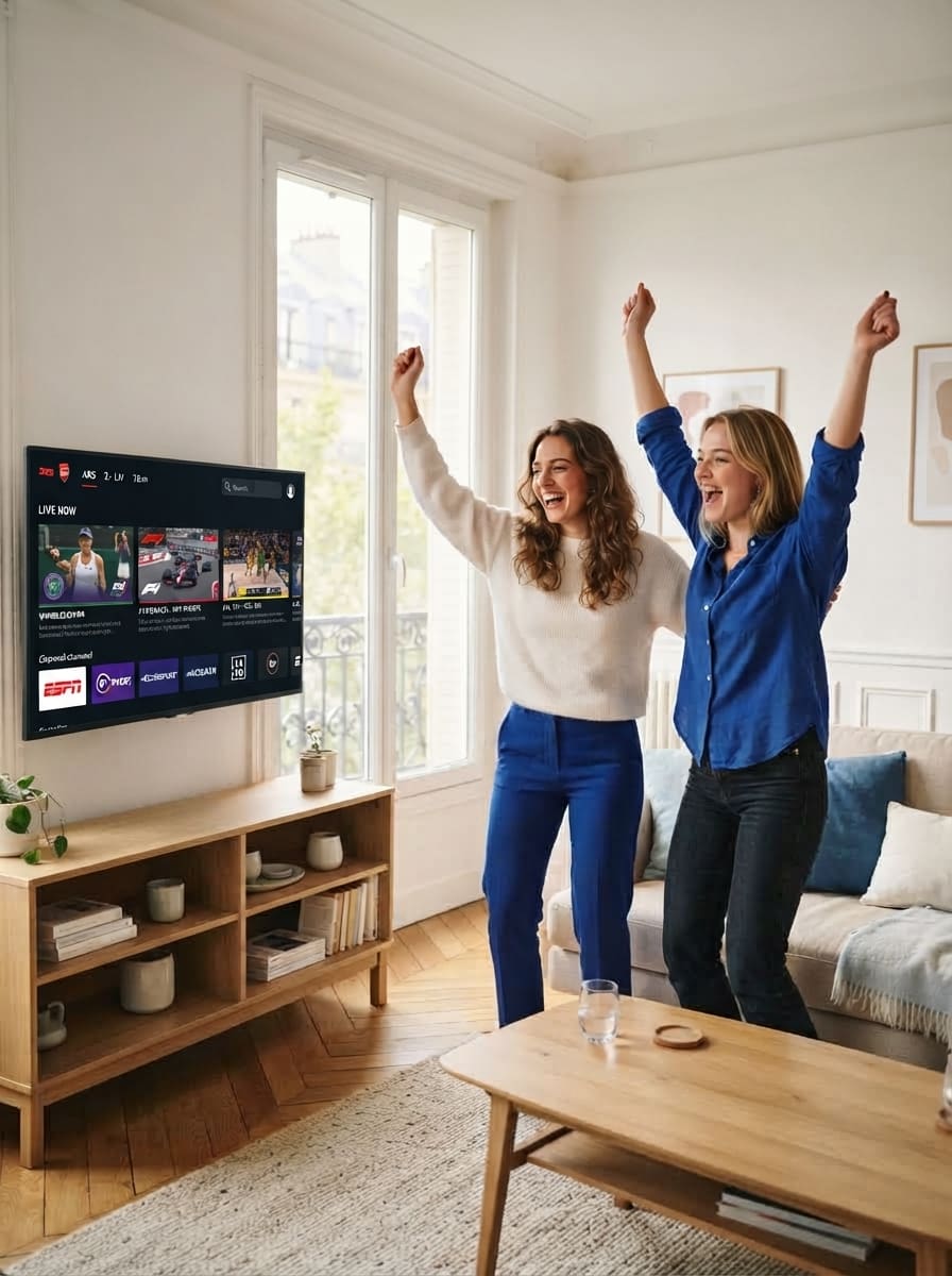 Famille regardant un match à la télé du salon