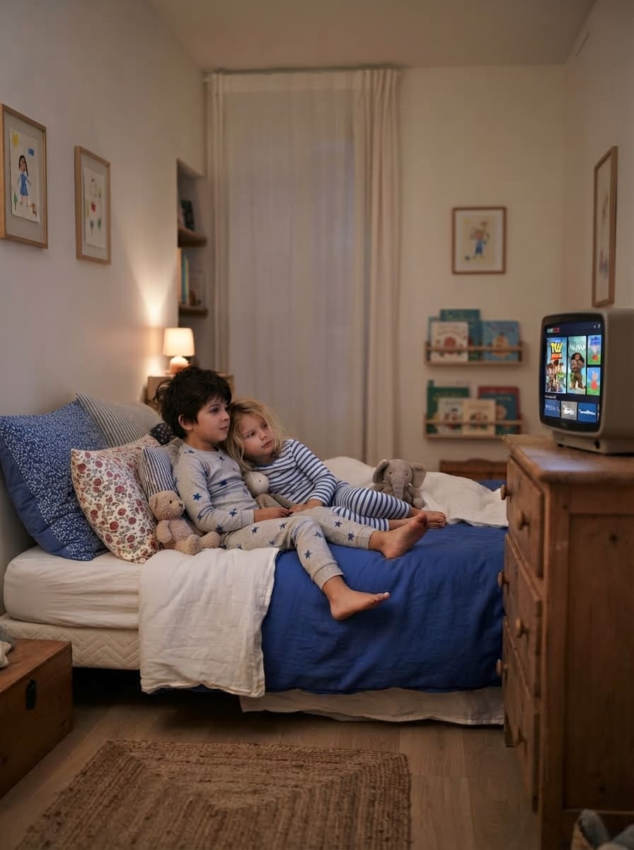Enfants devant la télé de leur chambre